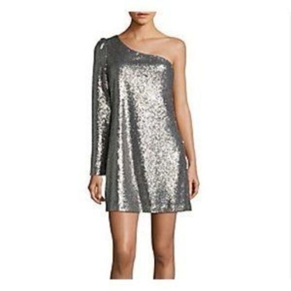 Highline Collective One Shoulder Silver Sequined One shoulder Cocktail Dress